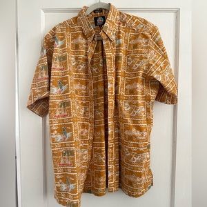 Reyn Spooner Hawaiian Shirt - Gold w Surfer print